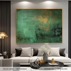 Large Green Abstract Painting for Dining Room, Minimalist Green & Gold ...