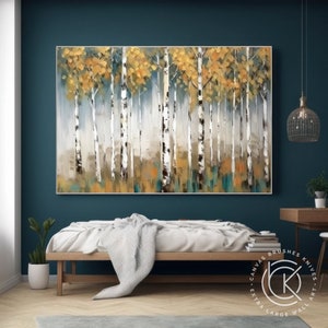 Pintura acrílica de bosque de abedul Original para comedor, arte de paisaje de otoño grande, decoración de pared de lienzo grande para sala de estar contemporánea imagen 4