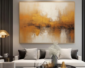 Très grande oeuvre d'art murale abstraite en bronze doré, cadeau déco surdimensionné de luxe marron moutarde, oeuvre d'art originale sur toile acrylique faite main pour la décoration intérieure