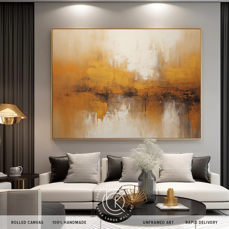 Extra Large Golden Bronze Abstract Wall Art, Oversized Luxury Mustard Brown Decor Gift, Original Handmade Acrylic Canvas Art For Home Decor image 1