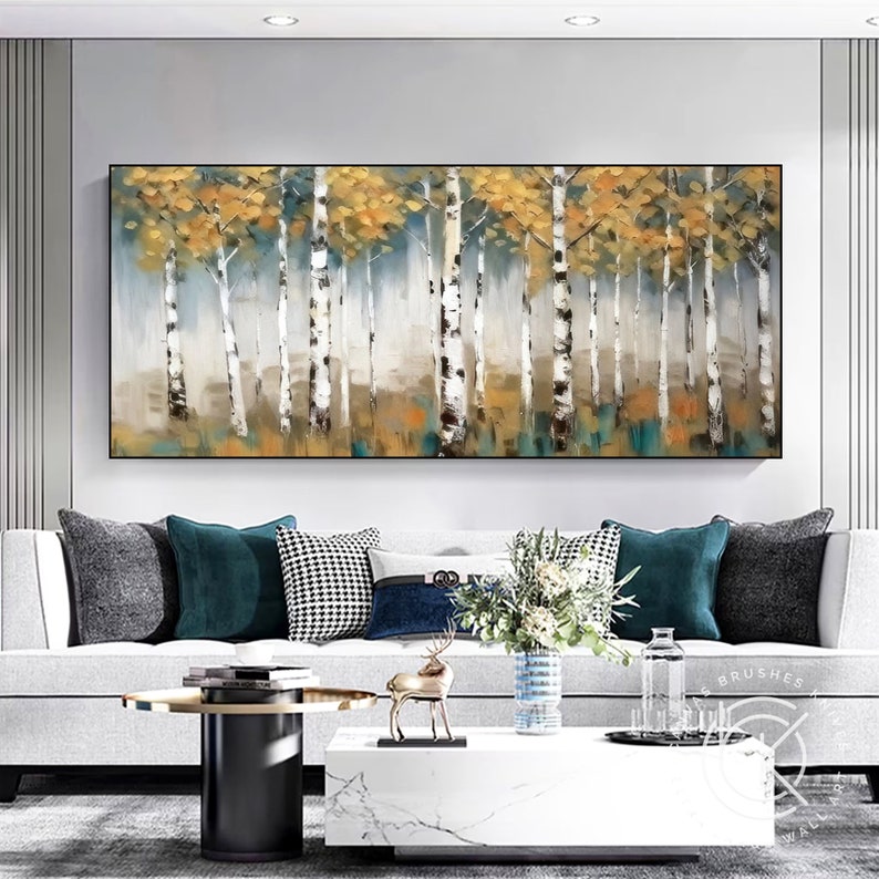 Pintura acrílica de bosque de abedul Original para comedor, arte de paisaje de otoño grande, decoración de pared de lienzo grande para sala de estar contemporánea imagen 3