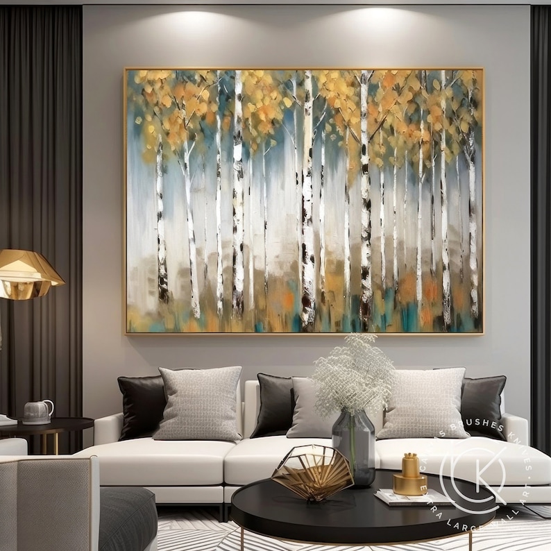 Pintura acrílica de bosque de abedul Original para comedor, arte de paisaje de otoño grande, decoración de pared de lienzo grande para sala de estar contemporánea imagen 7