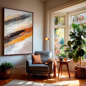Vibrant Oil Painting with Colorful Streaks, Original Artwork in Orange and Gray, Abstract Expressionism for Home Decor