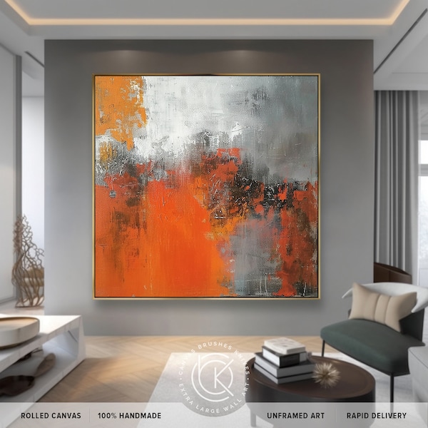 Extra Large Grey & Orange Canvas Wall Decoration, Unique Fashionable Art For Calming Wall, Decor Gift For Her Him, Modern Original Grey Art