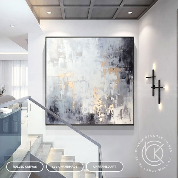 Extra Large Original Silver Foil Painting On Canvas, Hand-Painted Gray & White Artwork On Canvas, Unique Art Home And Office Decor