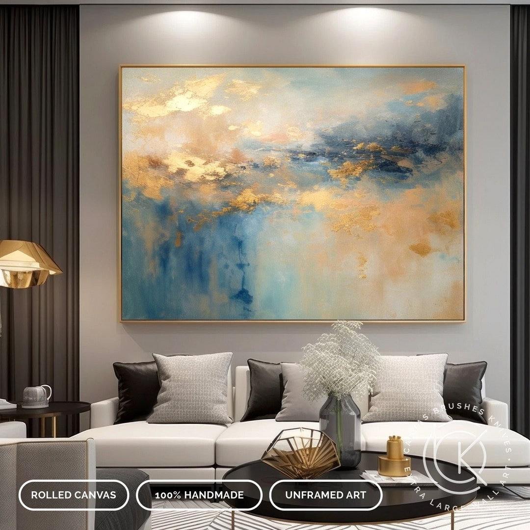 Blue & Gold Handpainted Abstract Art, Blue and Gold Leaf Painting on Canvas, Modern Blue Wall