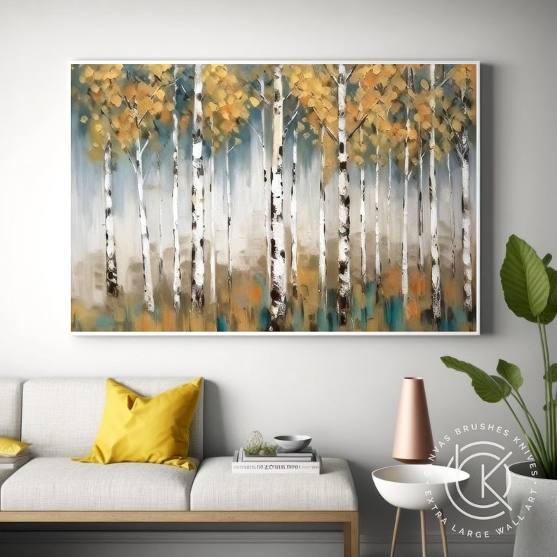 Pintura acrílica de bosque de abedul Original para comedor, arte de paisaje de otoño grande, decoración de pared de lienzo grande para sala de estar contemporánea imagen 5