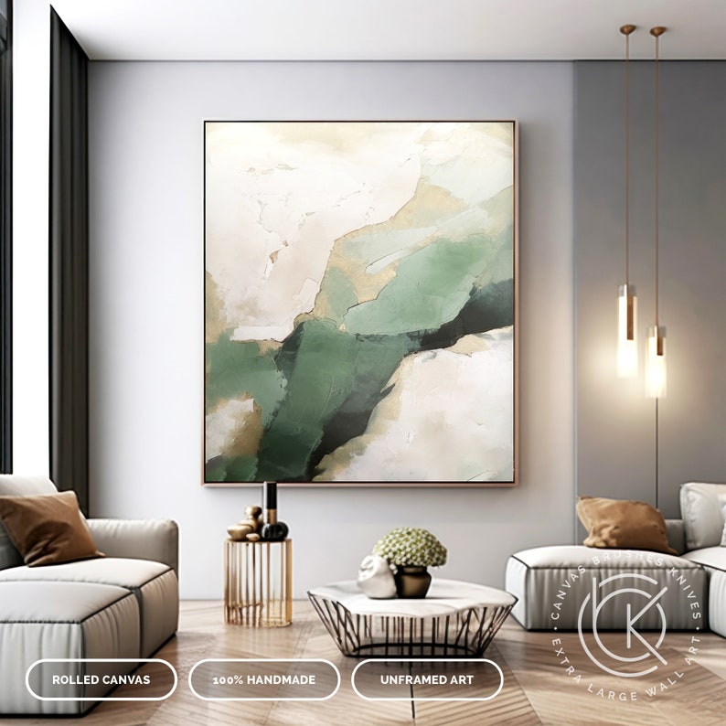 Modern Green Waves Canvas Wall Art, Contemporary Minimal Artwork On Canvas, Luxury Living Room Art, Master Bedroom Wall Deco, Custom Artwork image 4