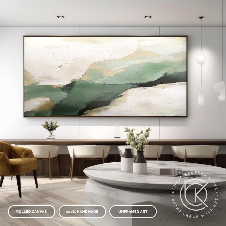 Modern Green Waves Canvas Wall Art, Contemporary Minimal Artwork On Canvas, Luxury Living Room Art, Master Bedroom Wall Deco, Custom Artwork image 6