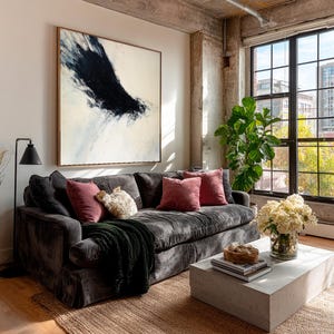 Contemporary Abstract Black White Painting, Statement Piece for Modern Home, Large Dynamic Brushstroke Art