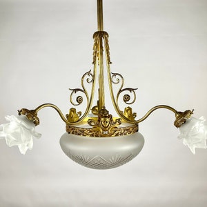 Antique Art Deco Chandelier: French Bronze & Glass, 1920s Lighting