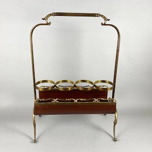 French Vintage Art-Nouveau 4-Bottle Holder With Brass Handle and Wood, 1970 | Vintage Floor Wine Rack | Mobile Wine Cellar in Bronze & Brass