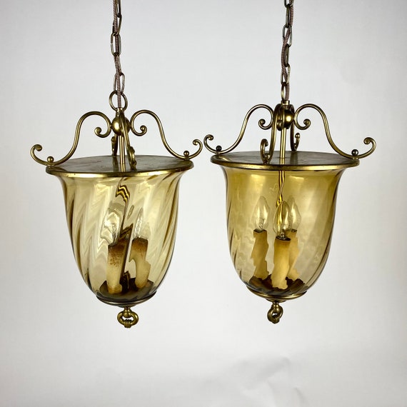 Large Hanging Lanterns in Gold plated Brass and Glass Set 2