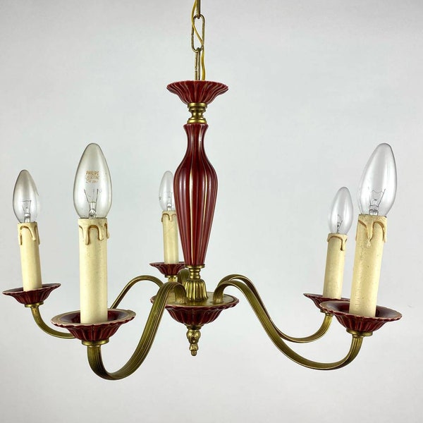 Gilded Brass & Burgundy Ceramics Vintage Chandelier | 5-Light Ceiling Lighting | Lamp With Faux Candlesticks | Polished Brass Pendant Light