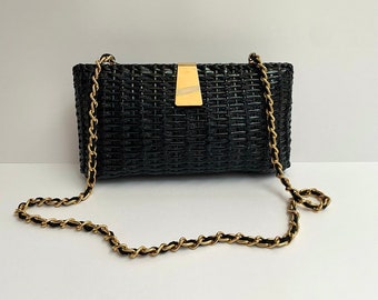 Vintage Black Laquer Wicker Clutch Purse 1970’s Designer Wicker Shoulder Clutch Bag With Gold Brass Chain & Clasp Purse Made in ITALY
