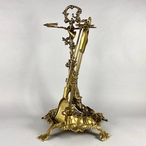 Antique Fireplace Set “Hunting”In Gilt Bronze, France, 1950s | Fireplace Set: Stand And 4 Accessories | Bronze Art Deco Fireplace Stand