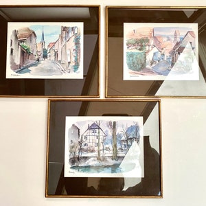 Vintage Coloured Lithography, Set 3, Belgium | Framed Vintage Landscape Painting of a village of FRANCE Collectible Vintage Lithography