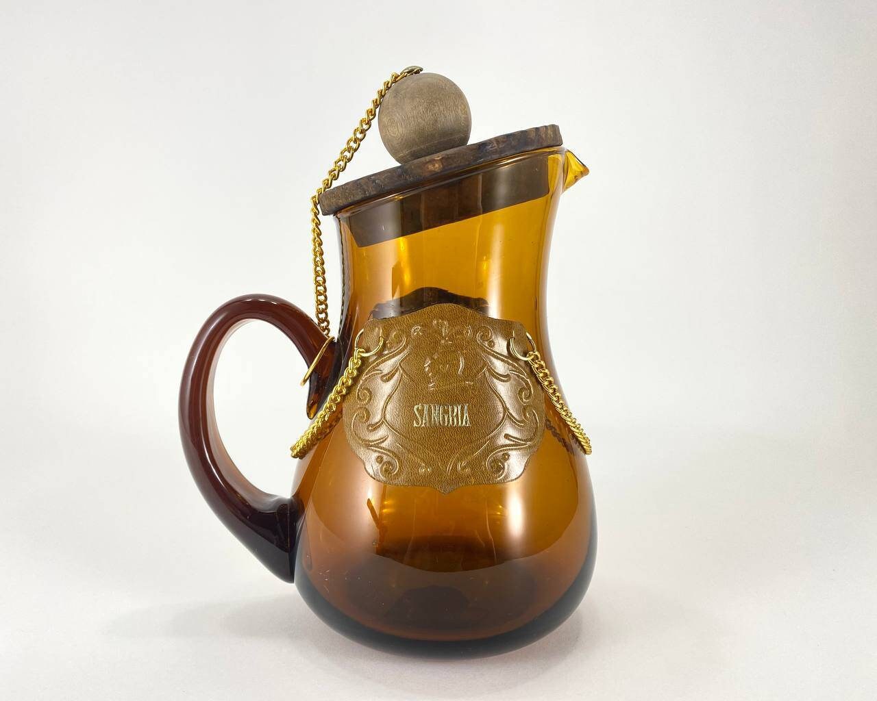 Extraordinary Carafe With Lid | Pitcher or Carafe in Amber Glass with Wooden Stopper Held by Golden Chain | Sangria Carafe With Leather Tag