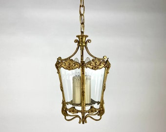 Rare Plafonnier Antique En Bronze Doré Avec Panneaux De Verre | Suspension Antique | Lanterne De Hall En Bronze Doré à 2 Points Lumineux, 1930