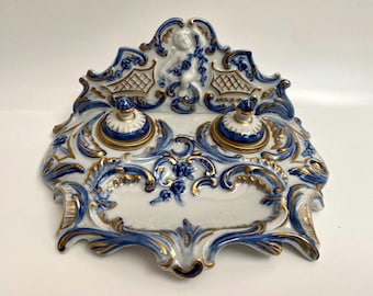 Antique French Porcelain Inkwell: Embossed Gold Desk Decor