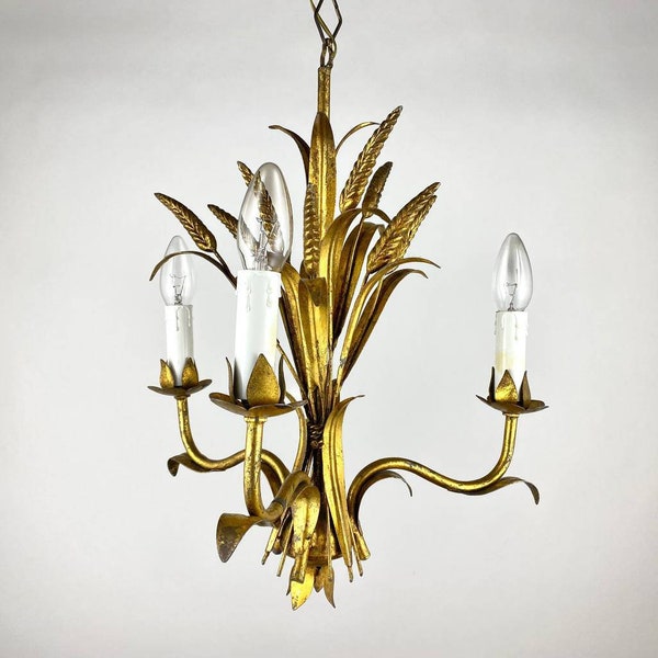 Lámpara de araña vintage italiana / Iluminación colgante en metal dorado / Iluminación de 3 cuernos / Lámpara de araña de metal con motivos florales / Iluminación de espigas de trigo
