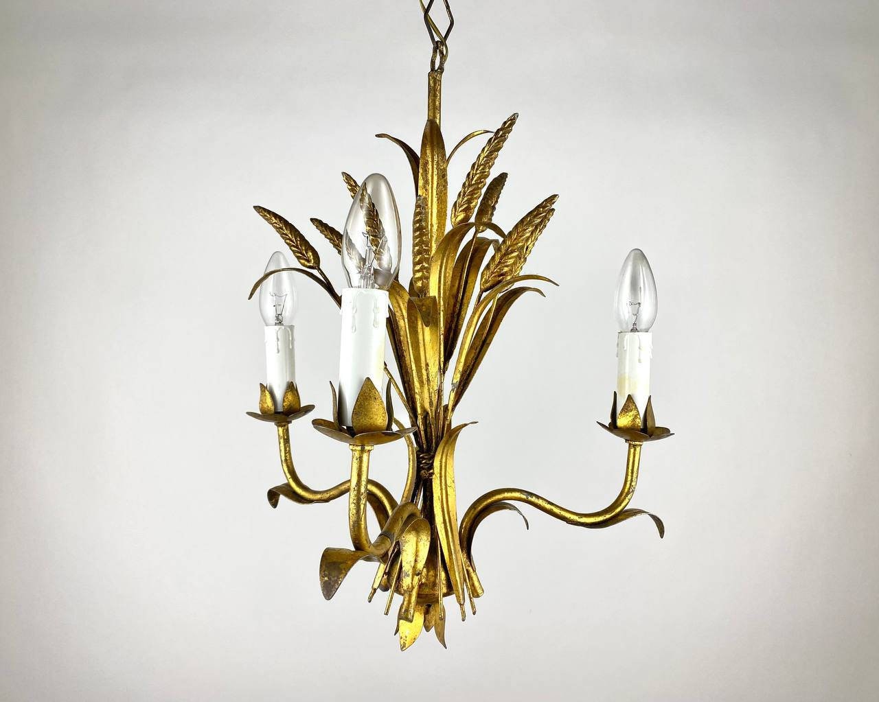 Italian Vintage Chandelier | Pendant Lighting In Gilded Metal | 3-Horn  Lighting | Floral Motif Metal Chandelier | Ears Of Wheat Lighting
