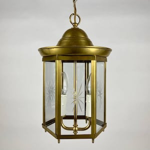 Vintage 2 Light Electric Lantern, 1980s | Unusual Brass and Beveled Glass Entry Hall Pendant Light Fixture With Stars Engravings On Glass