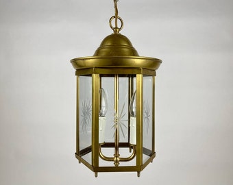 Vintage 2 Light Electric Lantern, 1980s | Unusual Brass and Beveled Glass Entry Hall Pendant Light Fixture With Stars Engravings On Glass