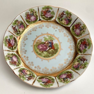 French Porcelain Plate: Victorian Love Story, Gold Gilt Decor