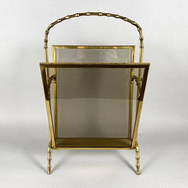 Vintage Gilt Bronze Magazine Rack, Faux Bamboo Base and Handle By Maison Bagues, France, 60s | Magazine Stand In Bronze And Smoked Glass