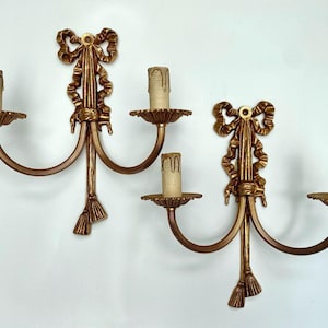 Gilded Bronze Wall Sconces Pair: French Louis XVI Style
