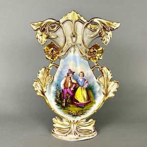 Vase Antique Old Paris Hand Painted Parisian Decor Vase Porcelain Romantic Scene Rococo Style Vase With Courting Scene Early 20th Century