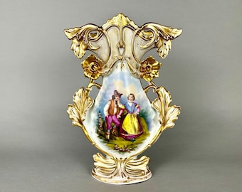 Antike Old Paris Porzellan Vase: Rokoko Werbeszene, Handgemaltes Blumendekor