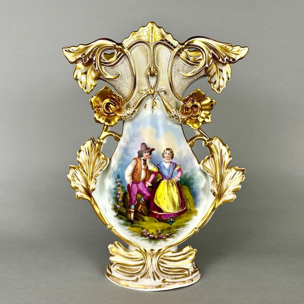 Vase Vieux Paris peint à la main, décor parisien Vase en porcelaine, scène romantique, style rococo, vase avec scène de cour, début du XXe siècle
