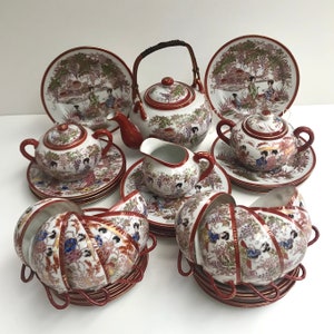 Amazing Eggshell Porcelain Coffee-Tea Service With Lithophane From Japan, 1940s | Hand Painted Japanese Tea Set Japanese Garden Landscape