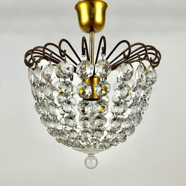 Vintage Crystal Brass Chandelier France 1960s | Crystal Ceiling Chandelier | Vintage French Lighting | Crystal Lighting | Empire Chandelier