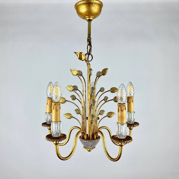 Lámpara de araña de hojas Maison Baguès / Iluminación de cristal y metal dorado vintage / Luz colgante de la primera mitad del siglo XX / Lámpara de araña francesa
