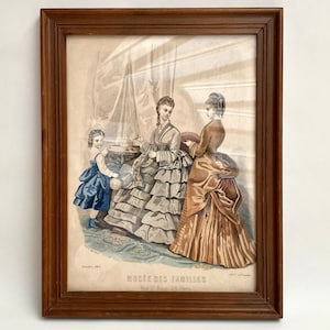 ANTIQUE 1890-20s Coloured Lithography, France | Two Ladies And A Girl in Victorian Style Dresses | Collectible Antique Lithography, Framed