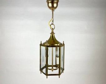 Lanterne Art déco en laiton avec verre, France, 1970 | Suspension ou Lanterne Art Déco en Laiton Patiné Vintage | Suspension en laiton