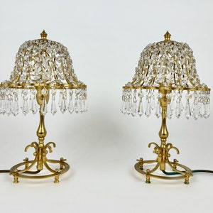 Unique Table Lamps With Lead Crystal Shades France, 1960s | Vintage Set Of Table Lamps With Shades | Vintage Empire Crystal Night Table Lamp