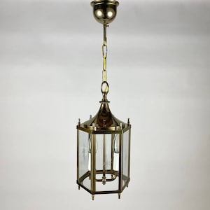 Beautiful 2 Light Lantern, 1980s | Vintage Glass and Brass Entry Hall Pendant Or Light Fixture | Electric Ceiling Lantern | Metal Lantern