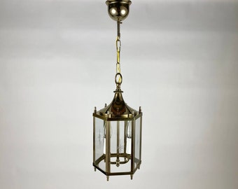 Belle lanterne à 2 lumières, années 1980 | suspension ou luminaire de hall d'entrée vintage en verre et laiton | Lanterne de plafond électrique | Lanterne en métal