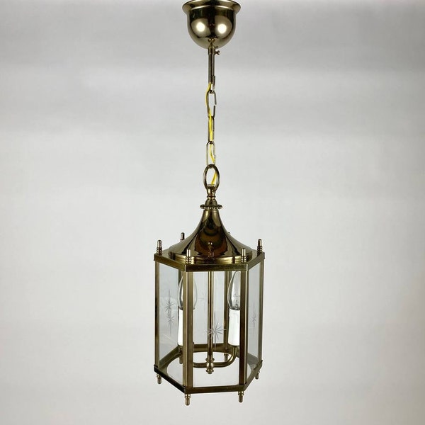 Beautiful 2 Light Lantern, 1980s | Vintage Glass and Brass Entry Hall Pendant Or Light Fixture | Electric Ceiling Lantern | Metal Lantern