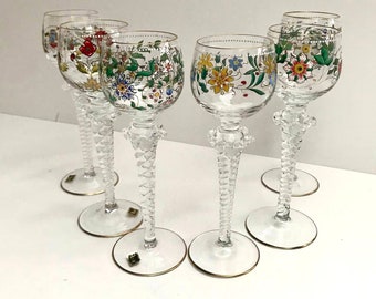 Crystal Wine Glasses | Hand-Carved Gluskunst Hirtreiter Crystal Glasses | Rare Collectors Barware Set Glasses | Germany Bavaria 1970s&#39;