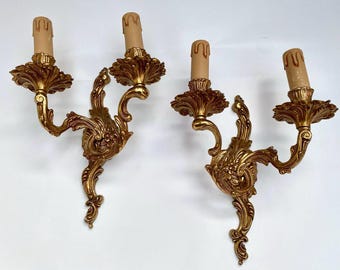 Antique French Rococo Bronze Wall Sconces: 2-Light Early 20th Century