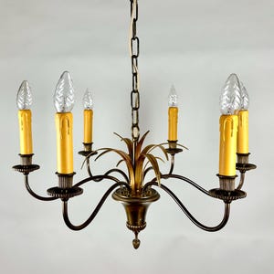 Chandelier Vintage 1970s S.A. Boulanger Palm Chandelier Hollywood Regency Brass & Palm Tree Pendant Light  Adjustable Height Mid-Century