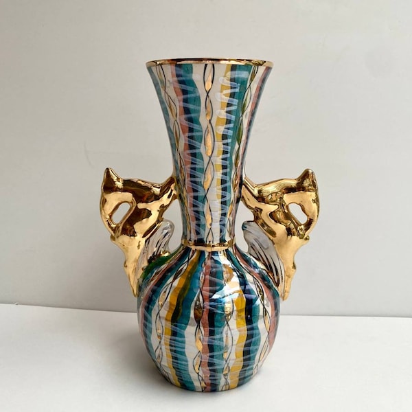 Vase en céramique H.Bequet, vase urne vintage de style baroque avec poignées de cerf, vase peint à la main pour elle, cerf décoratif, cadeau