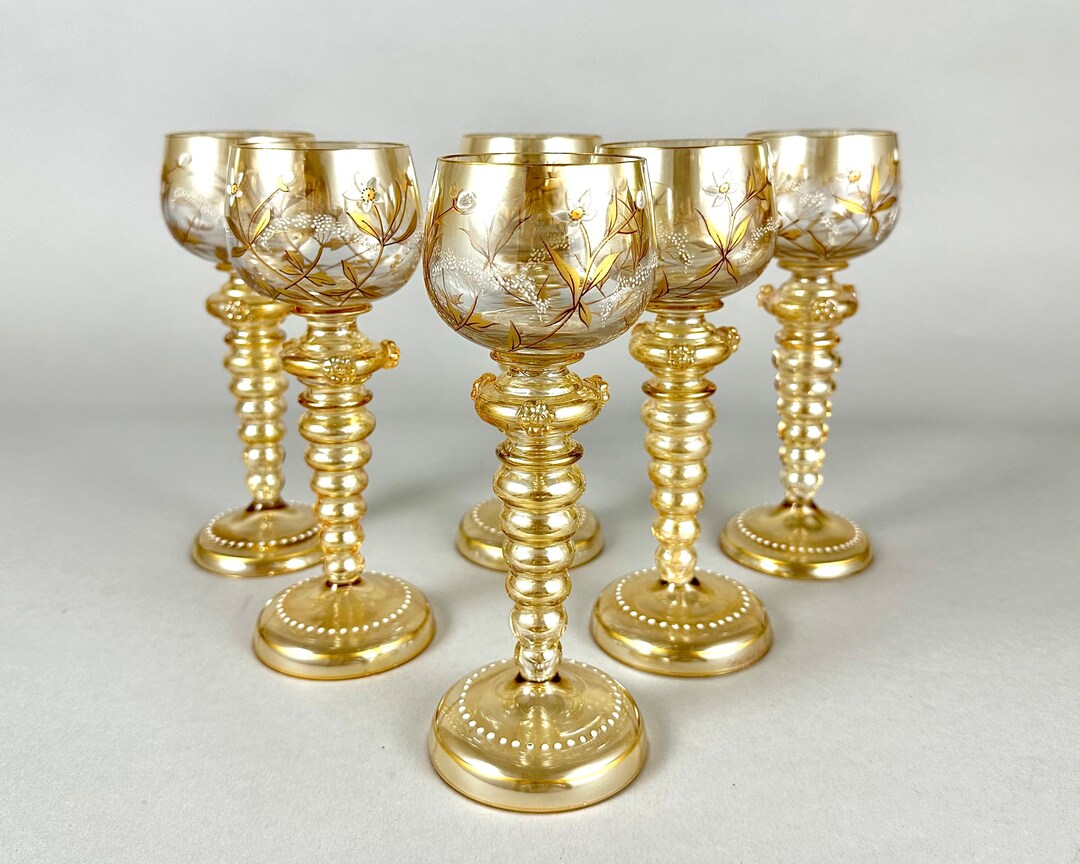 Antique Gilded Crystal Wine Glasses Set 6, Fritz Heckert Germany 1910s