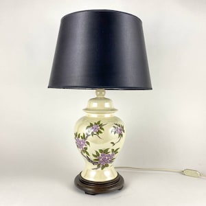 Vintage Louis Drimmer Table Lamp | Ceramic Table Lamp On Wooden Stand | Black Shade Bedside Lamp | Flowers Pattern Table Lamp | France, 1970