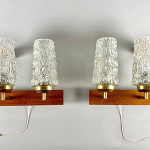 Stylish Double Arm Wall Lamps | Paired Wall Sconces With Cylindrical Glass Shade & Wooden Base | German Vintage Wall Lamps In Brass and Wood